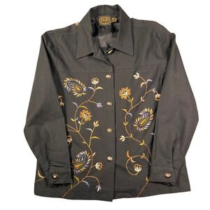 Julia Kim Embroidered Jacket Black Floral Button Front Medium